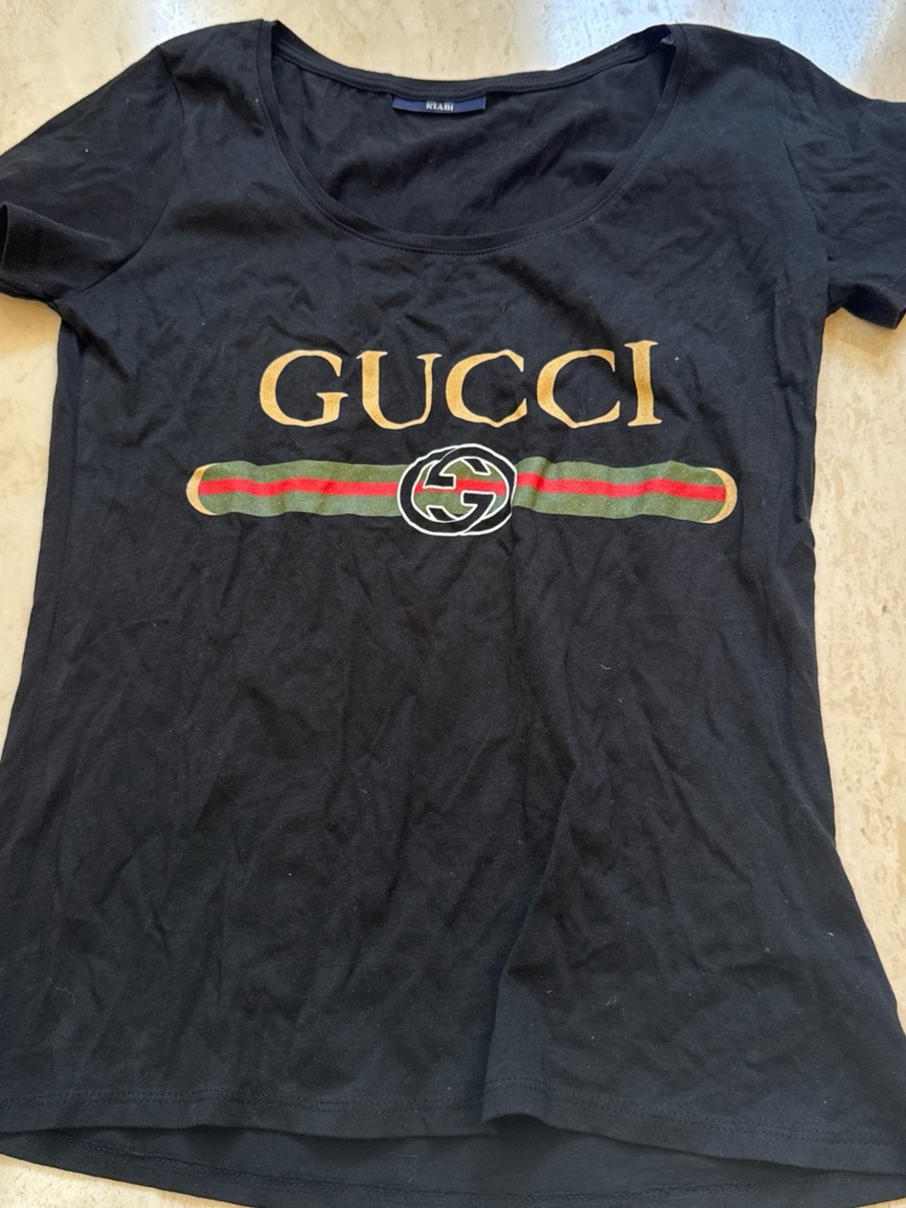 Gucci Black Short Sleeve Tee with Gold Logo and Green-Red Stripe